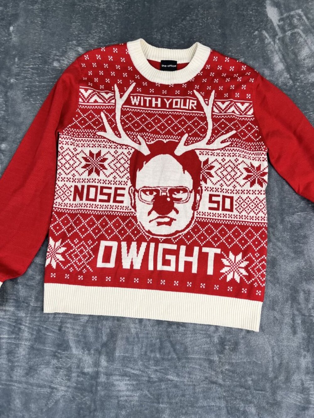 The Office Dwight Schrute Red & White Ugly Christmas Sweater Medium